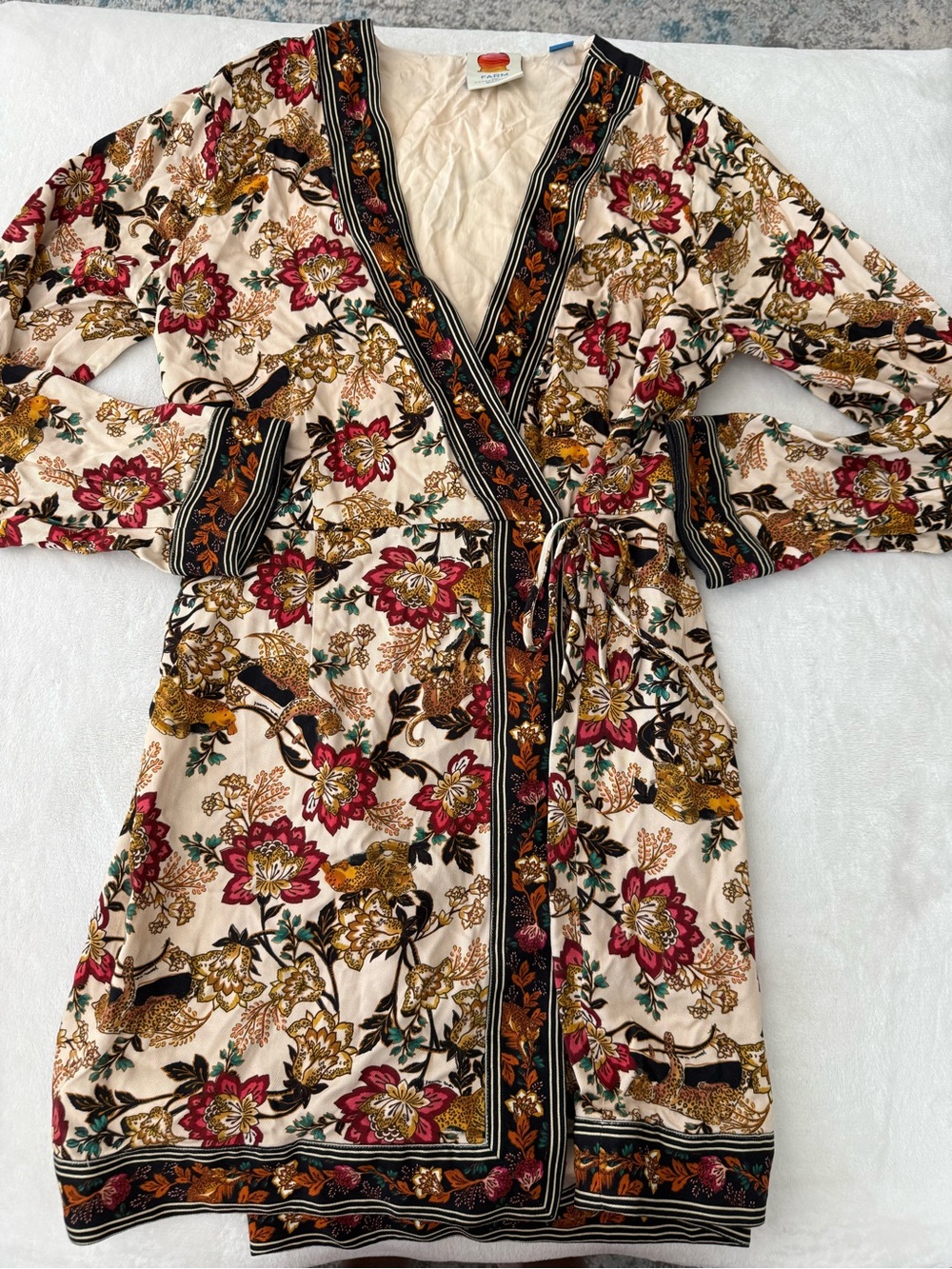 Farm Rio L/S Printed Wrap Mini Dress burgundy floral & leopard print M D77